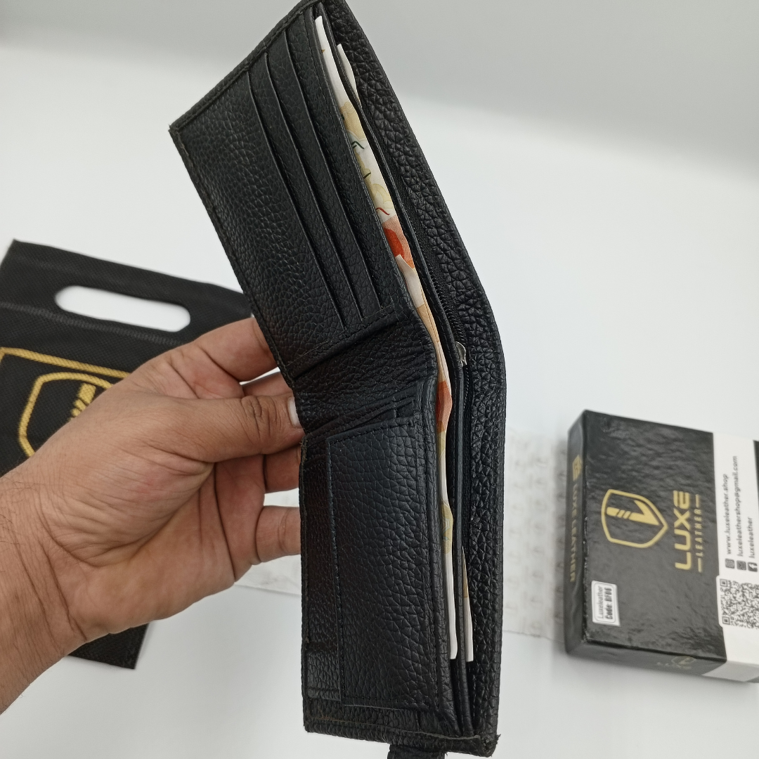 LuxeLeather Black Cow Leather Wallet | Stylish & Functional | Card Holders, Coin Pocket, Zipper Compartment | LLBF06