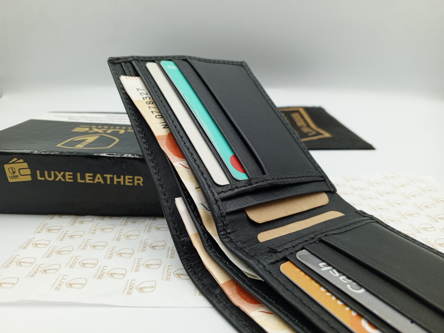 LuxeLeather Analin Cow Leather Wallet - Black | 6 Card Holders, 4 Secret Compartments, 2 Cash Compartments | LLBF03