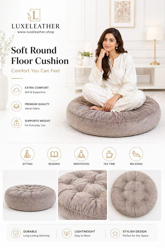 Luxe Leather Premium Soft Round Floor Cushion Velvet Comfort Seating for Home & Meditation