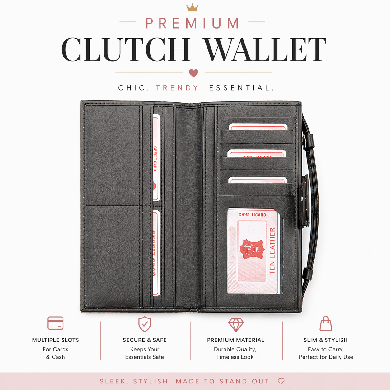 Premium Leather Ladies Clutch – 12 Card Slots | Multi Compartment | Elegant Carry (LC01)