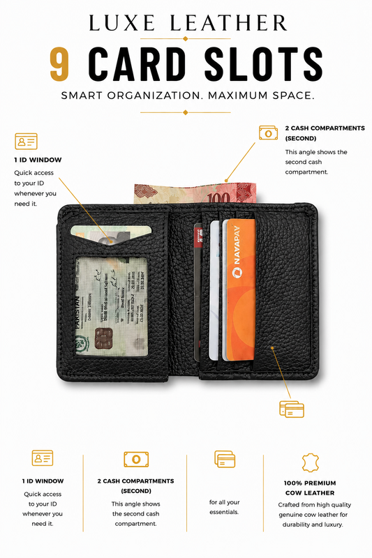 Slimfold Premium Wallet – 9 Card Slots | 2 Cash Pockets | Transparent ID Window |2IN1 BL