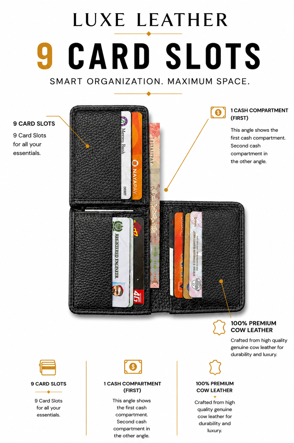 Slimfold Wallet–9 Card Slots | 2 Cash Pockets |ID Window |2IN1