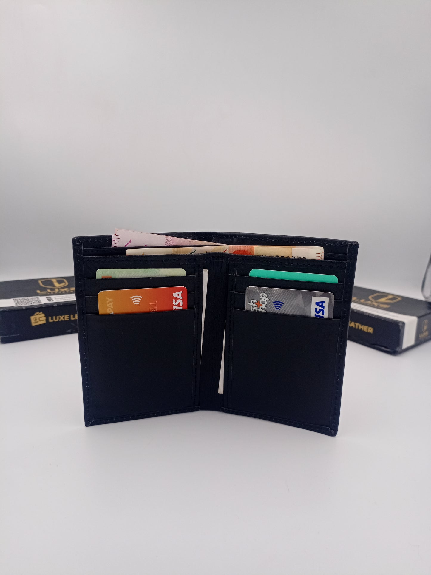 LuxeLeather Cow Leather Card Holder Wallet - Black | 6 Card Slots, 2 Secret Compartments | Genuine Aniline Leather | LLCH02