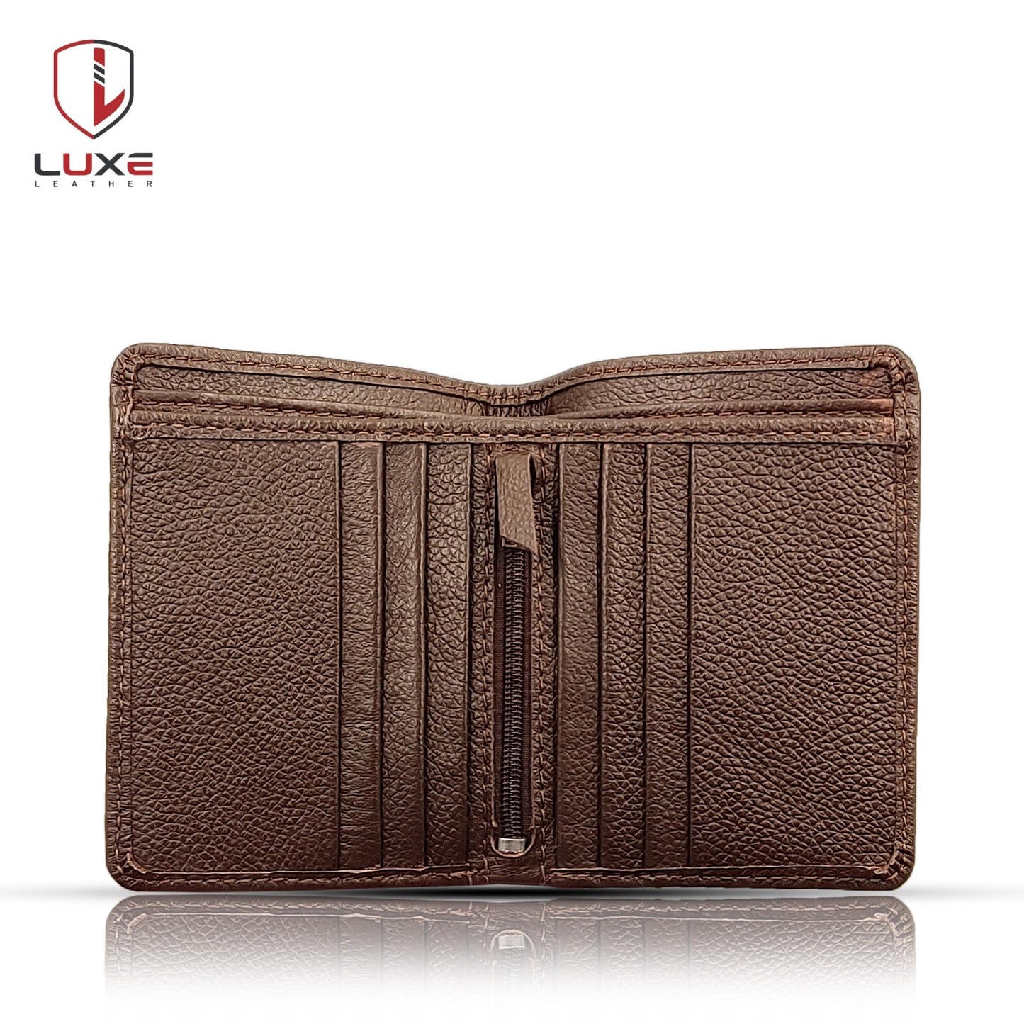 Genuine Cow Leather Wallet - Natural Brown | 6 Card Pockets, 2 Currency Pockets, 1 Zipper | LLZ01Br