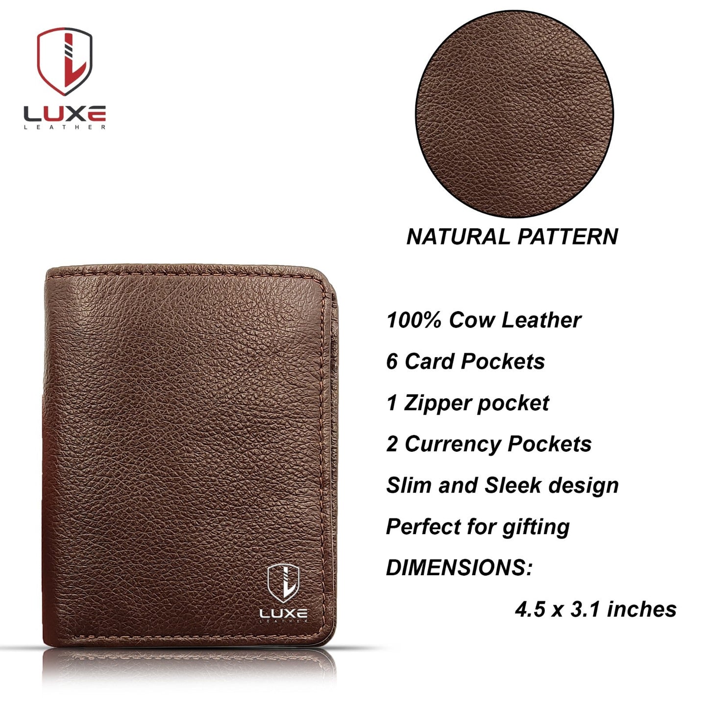 Genuine Cow Leather Wallet - Natural Brown | 6 Card Pockets, 2 Currency Pockets, 1 Zipper | LLZ01Br