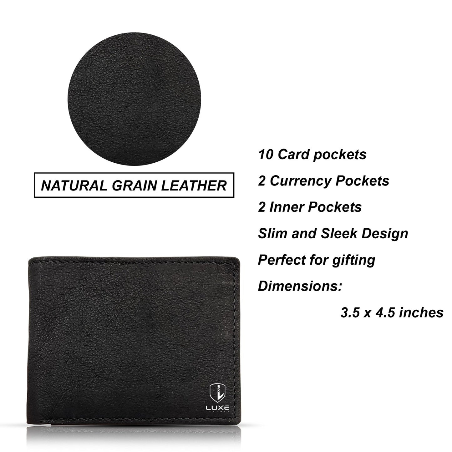 Premium Pure Cow Leather Wallet - Natural Grain Texture, 10 Card Pockets, 2 Currency Pockets, 2 Inner Pockets