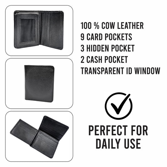 Slimfold Premium Wallet – 9 Card Slots | 2 Cash Pockets | Transparent ID Window |CH08
