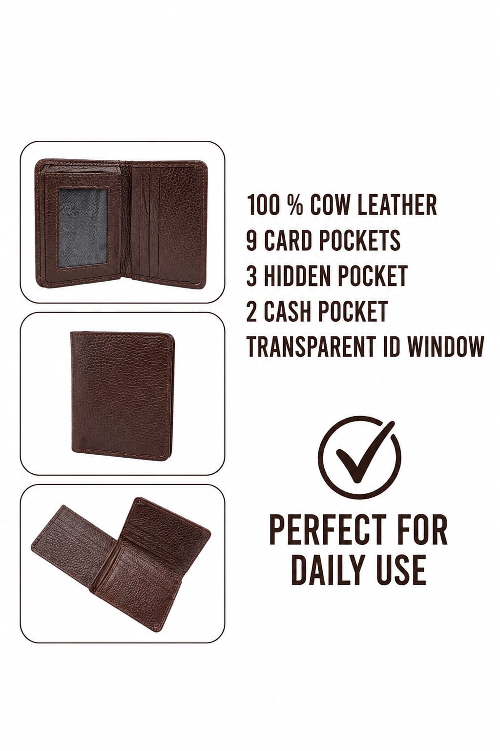 Slimfold Premium Wallet – 9 Card Slots | 2 Cash Pockets | Transparent ID Window |CH08